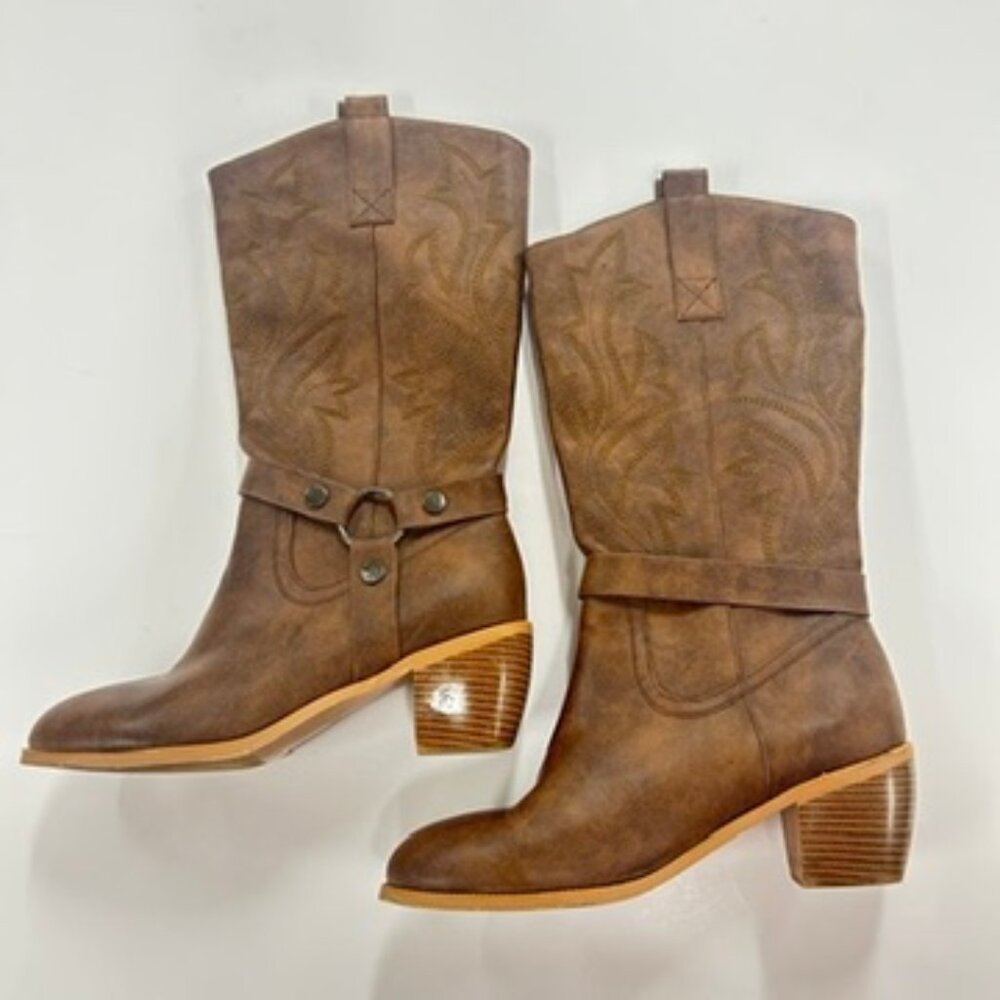 Brown Western Cowboy Boots Size‎ 39.5 / 9.5 Harness Mid Calf Stacked Heel - Picture 2 of 8